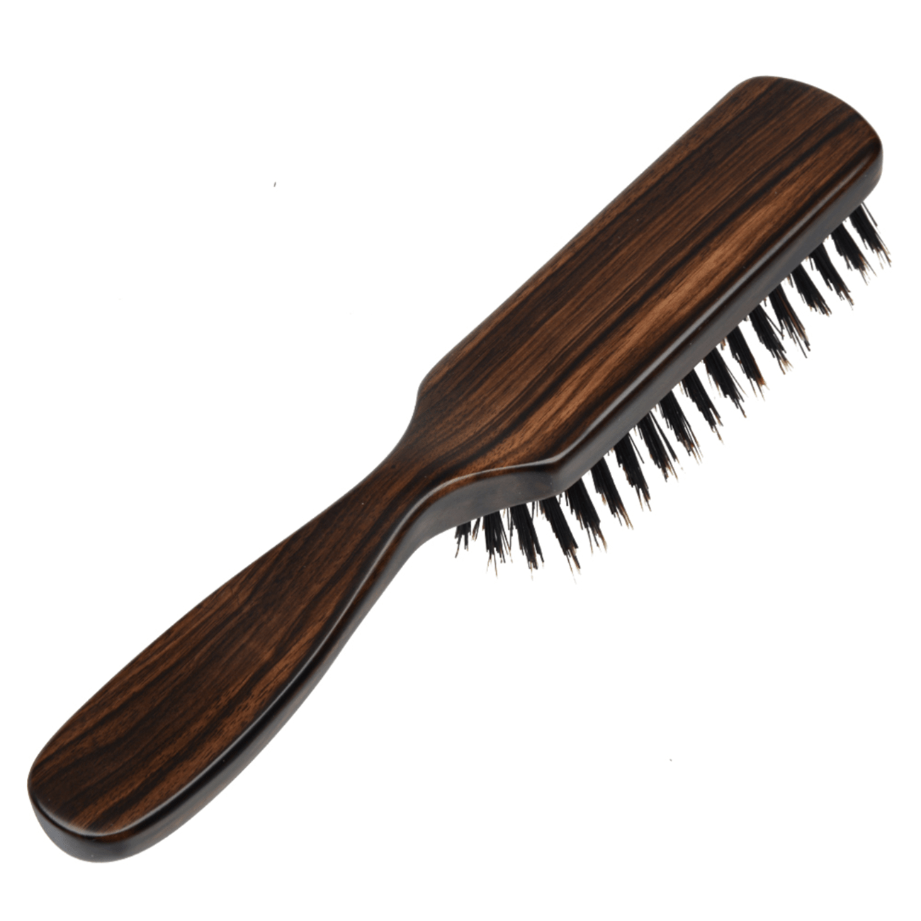 Back view of a Kanaya long-handle hairbrush featuring a polished wooden finish and densely packed wild boar bristles.