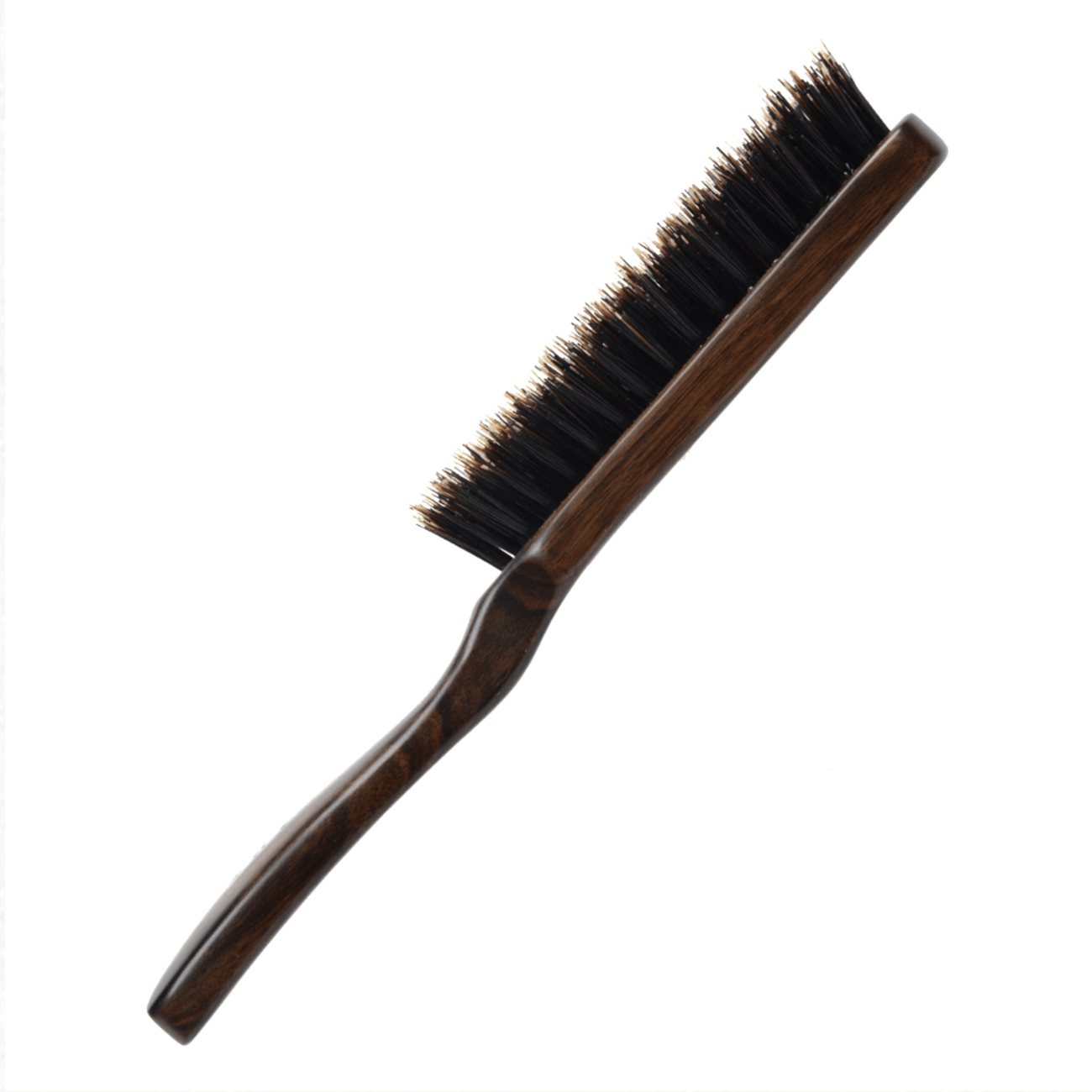 Side profile of a Kanaya wild boar bristle brush with a long ergonomic wooden handle and dense, firm black bristles.