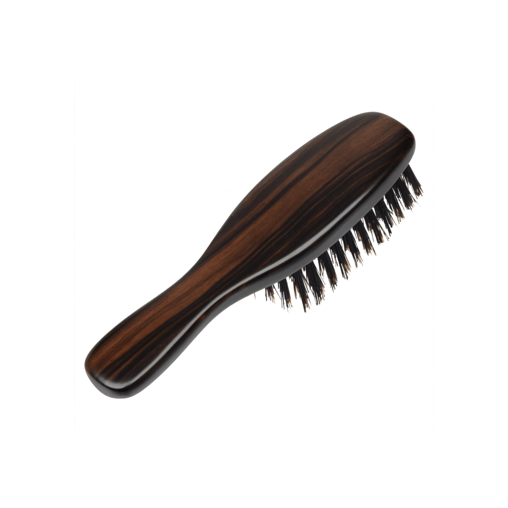 Back view of the Kanaya wild boar bristle travel brush, highlighting its smooth, contoured wooden handle with rich natural grain and elegant dark finish.