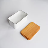 Noda Horo enamel butter case with removable wooden lid, minimalist Japanese kitchen storage container.