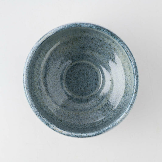 Top view of the Seifu blue matcha bowl from Mino ware, showcasing its speckled hand-glazed finish and deep, curved interior ideal for whisking matcha.