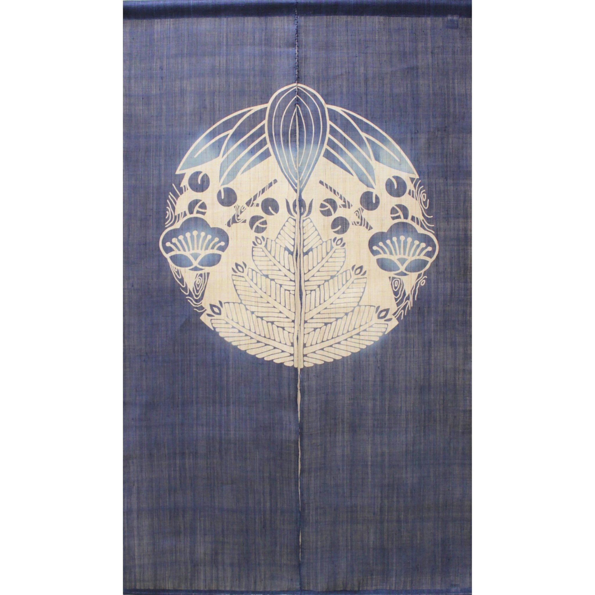 Shochikubai noren curtain in indigo featuring pine, bamboo, and plum motif, traditional Japanese doorway hanging. 