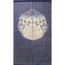 Shochikubai noren curtain in indigo featuring pine, bamboo, and plum motif, traditional Japanese doorway hanging. 