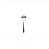 Sori Yanagi stainless steel soup spoon with a deep bowl and ergonomic handle, designed for smooth scooping and minimalistic modern aesthetics, photographed on a white background.