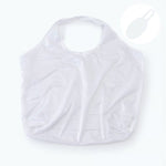 Unfolded view of the white reusable bag with a capsule icon showing storage size