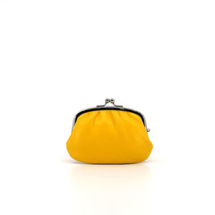 Vibrant yellow leather Gamaguchi coin purse with silver clasp, handmade in Japan—compact and stylish for everyday essentials.