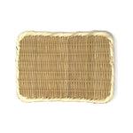 Rectangular handwoven bamboo tray with rounded corners and braided rim, crafted from natural materials.