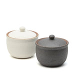 Two handcrafted Shigaraki-yaki ceramic salt pots in natural white and charcoal black, each with matching lids and subtle rustic texture.