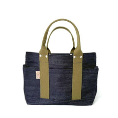 Front view of the Japanese Denim Everyday Tote with olive handles.