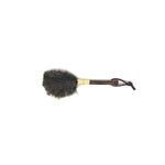 Compact feather duster with short bamboo handle and dark brown ostrich feathers, perfect for tight spaces and delicate items.