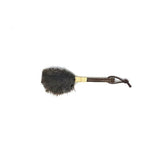 Compact feather duster with short bamboo handle and dark brown ostrich feathers, perfect for tight spaces and delicate items.