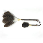 Side-by-side image of a full-size and mini Tokyo feather duster with dark brown ostrich feathers and bamboo handles on a white background