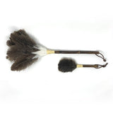 Side-by-side image of a full-size and mini Tokyo feather duster with dark brown ostrich feathers and bamboo handles on a white background