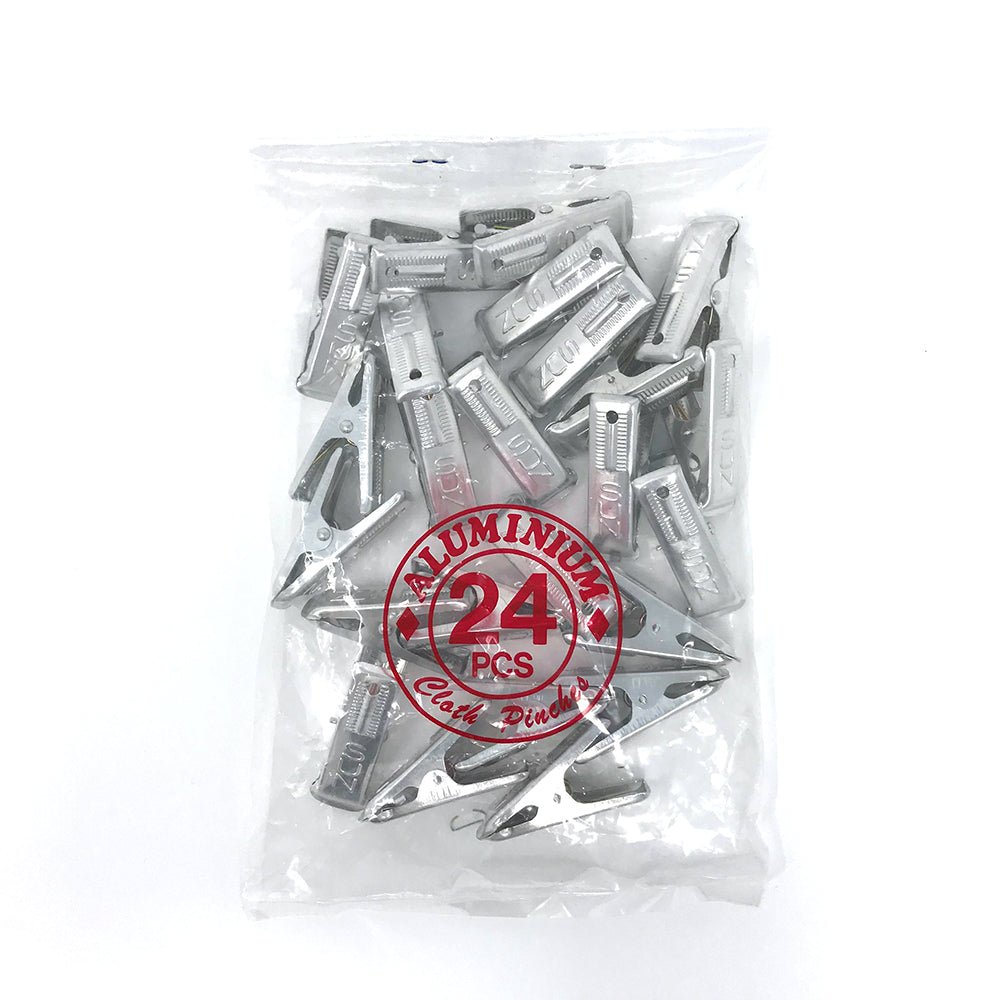 Bag of 24 Japanese aluminum clothes pegs packaged for retail, featuring durable spring clips ideal for laundry or multipurpose household use