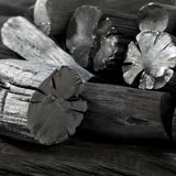 Close-up of traditional Japanese Binchotan charcoal logs showing natural grain and high-purity finish.