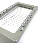 Close-up of Japanese butter slicer showing reinforced wire grid and durable aluminum frame with riveted design for consistent slicing.