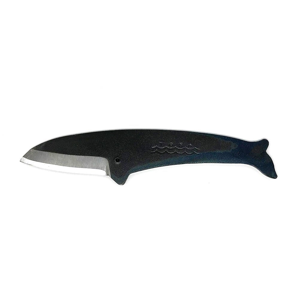 Fin Whale-shaped Japanese Kujira knife crafted from carbon steel, featuring a curved blade and engraved wave motif, ideal for craft or culinary use