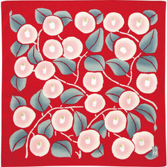 48cm furoshiki cloth with Yumeji Takehisa camellia pattern in red, made in Japan.