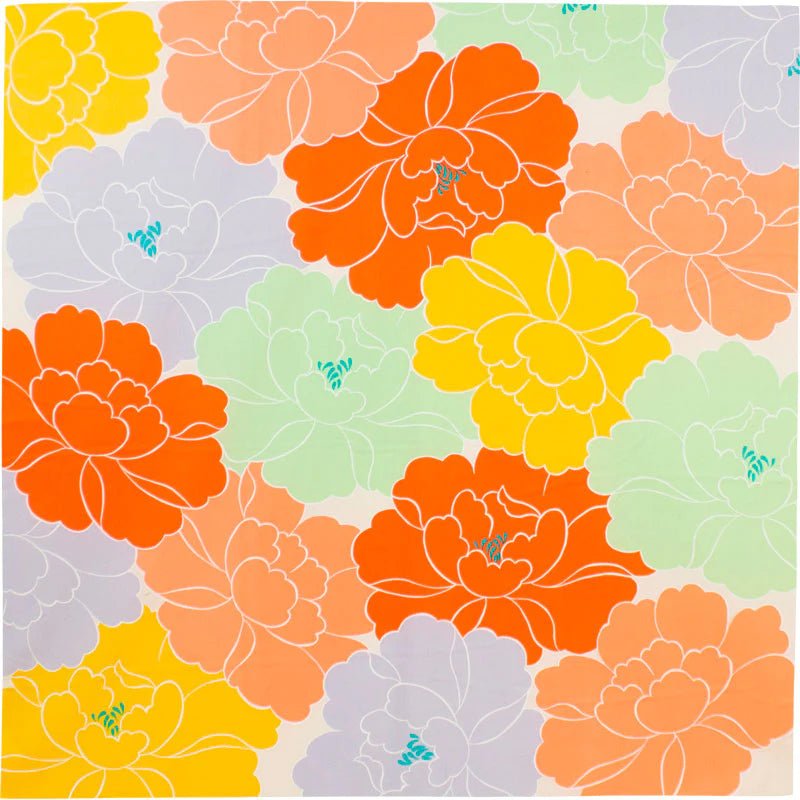 A close-up of a vibrant floral textile design featuring large peony blossoms in shades of orange, yellow, mint green, peach, and lavender. The colorful pattern is outlined in white on a soft cream background, part of the Hime Musubi furoshiki collection by Adeline Klam.