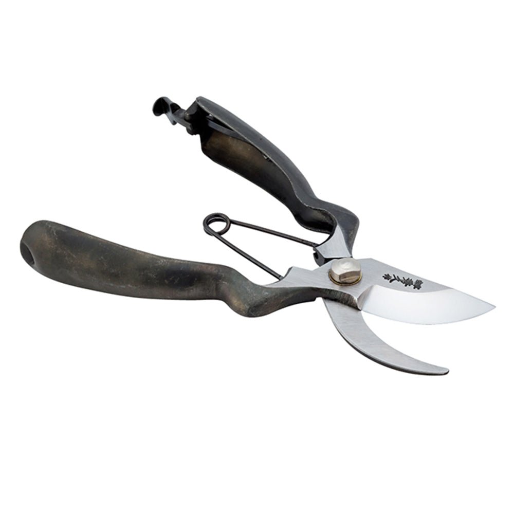 Hidehisa Japanese garden pruners with curved stainless steel blade and forged black handles, designed for precise and ergonomic pruning tasks. 