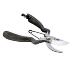 Hidehisa Japanese garden pruners with curved stainless steel blade and forged black handles, designed for precise and ergonomic pruning tasks. 