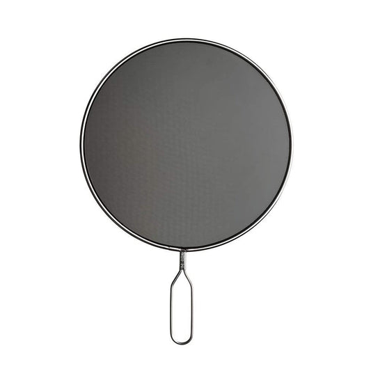 Round stainless steel splatter screen with fine mesh and handle, designed to cover frying pans and prevent oil splashes while cooking