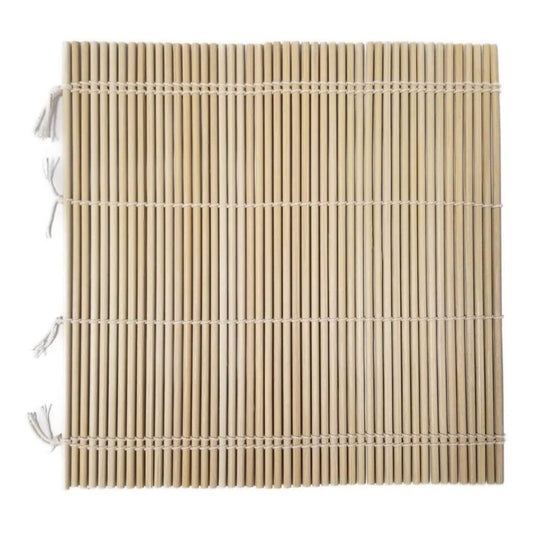 Top view of traditional Kikusui bamboo sushi mat laid flat, handcrafted with natural bamboo slats and cotton string for authentic Japanese sushi-making