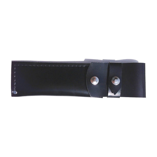 Black leather sheath for the Japanese Kujira carbon steel knife, featuring secure button clasps and stitched detailing for safe storage and carrying