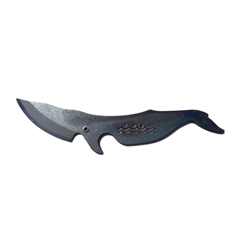 Japanese Kujira carbon steel knife shaped like a whale, featuring a curved blade and engraved wave detail, handcrafted for traditional use and unique display