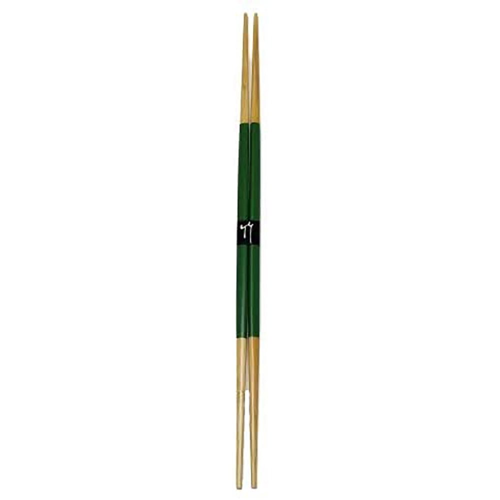 Pair of long bamboo chopsticks with green handles and decorative paper band