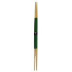 Pair of long bamboo chopsticks with green handles and decorative paper band