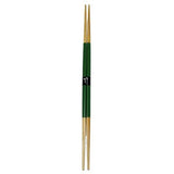 Pair of long bamboo chopsticks with green handles and decorative paper band