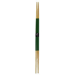 Pair of long bamboo chopsticks with green handles and decorative paper band