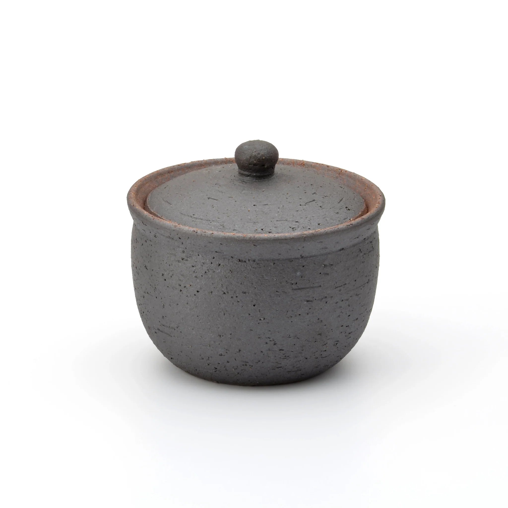 Dark charcoal Shigaraki ceramic salt jar with lid, handcrafted in Japan with a rustic matte finish, ideal for storing salt or spices in the kitchen.